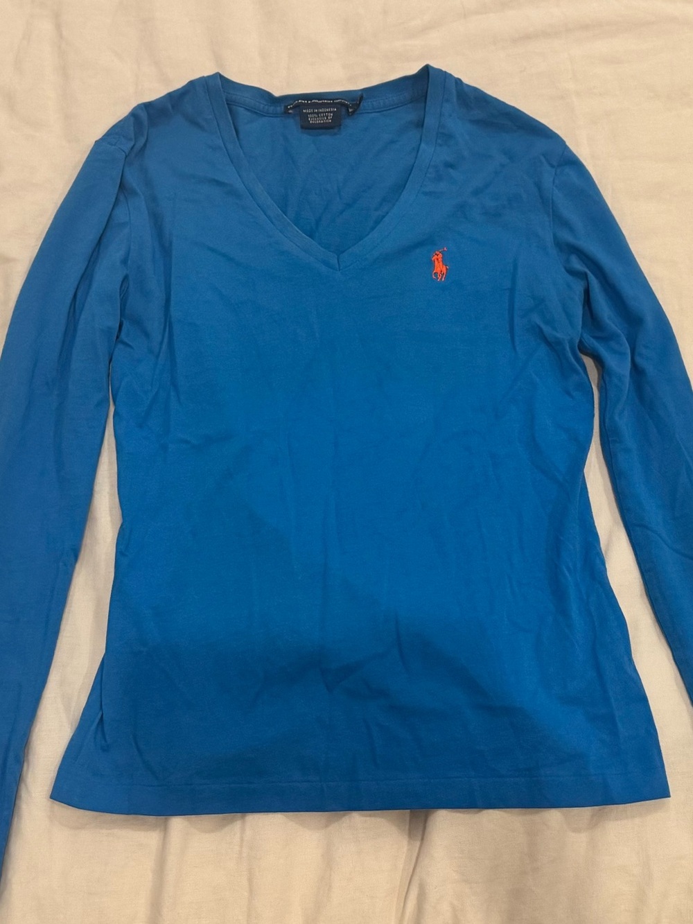 Ralph Lauren Women's Bright Blue V-Neck Long Sleeve Tee